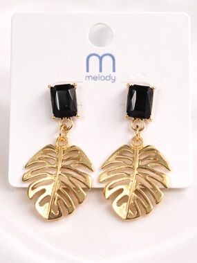 Black Stone Gold Leaf Drop Earrings Tropical Resort Statement